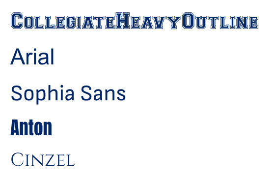 Official fonts for Spencerport: Collegiate heavy outline, arial, sophia sans, anton and cinzel